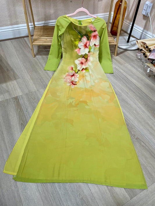 A23 - Áo Dài Chiffon In Xanh Cốm