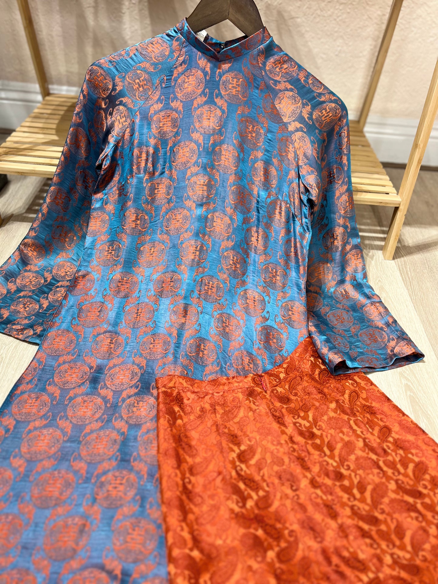 A06 - Set Áo Dài Yếm Tơ Tằm Nha Xá Blue Teal/Orange | Kèm Quần