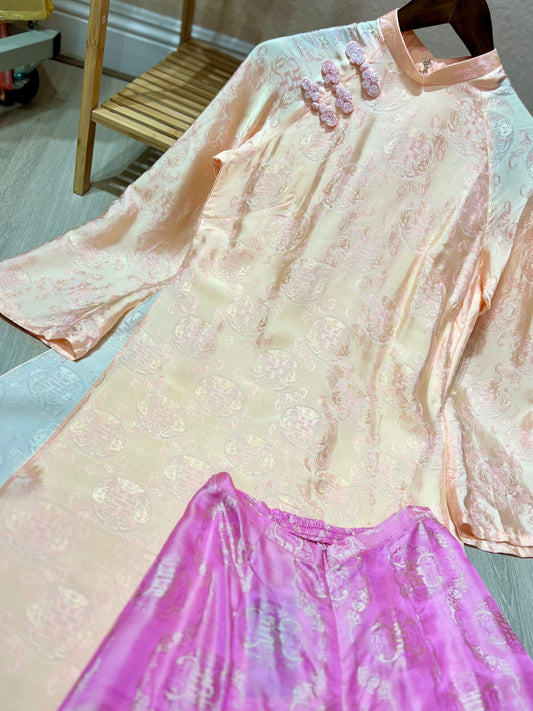 A02 - Set Tơ Tằm Nha Xá 4 Tà Coral Pink (kèm quần)