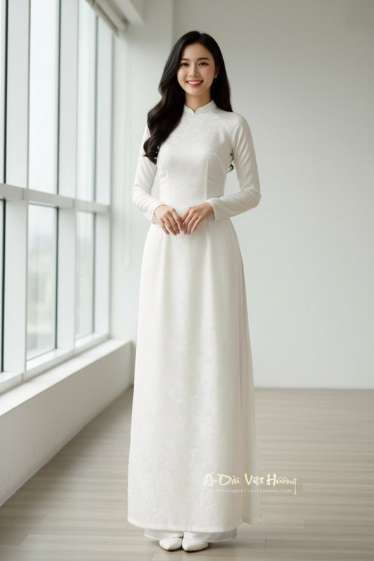 A40 - Set Áo Dài lụa Tiêu Giao Trắng (Cổ 2cm) | Kèm Quần