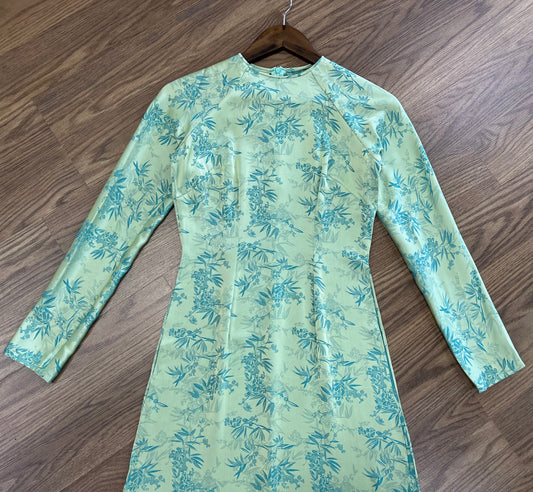 A16 - Áo Dài Lụa Gấm Lá Trúc Turquoise (Cổ tròn)