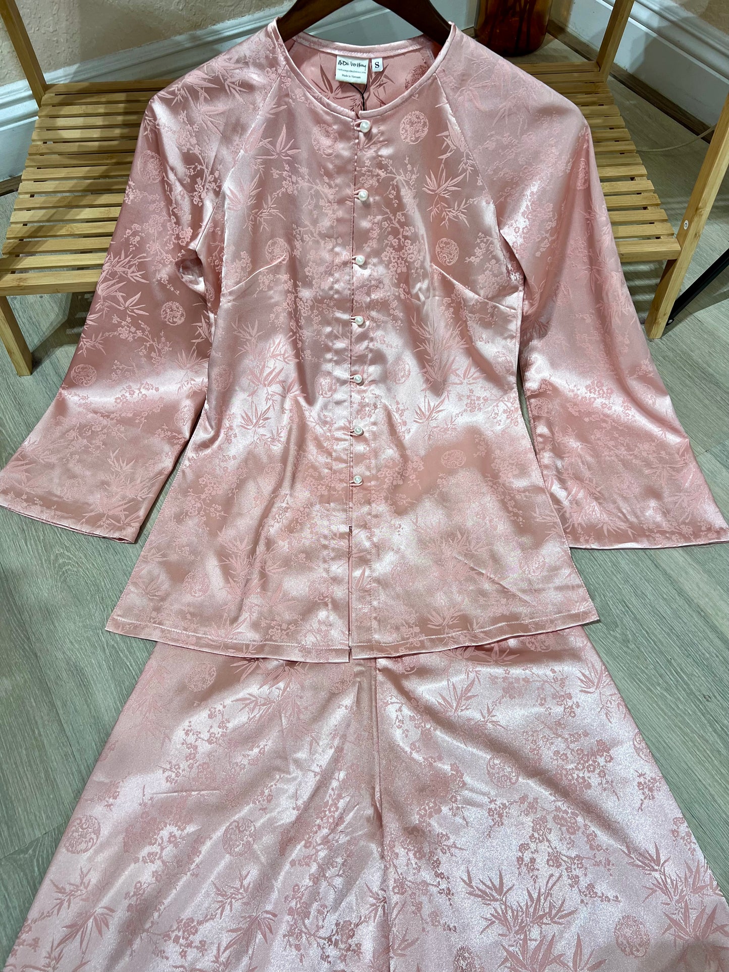 B05 - Set Áo Bà Ba Gấm Trúc Đào Hồng | Kèm Quần