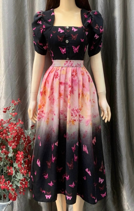 D95 - Midi Dress Cổ Nữ Hoàng Ombre Black/Pink