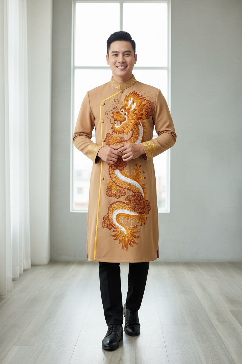 A80 - Men’s Áo Dài Vẽ Tay Light Brown