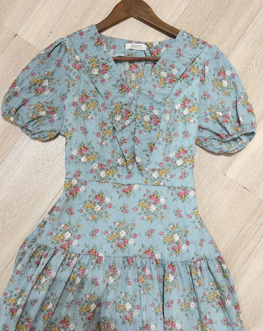 D16 - Đầm Voan Xốp Xanh Hoa Nhí