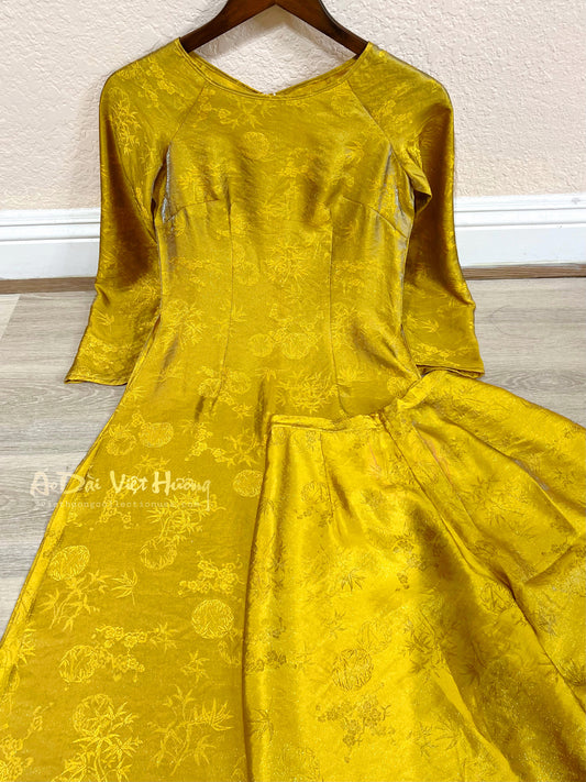 A58 - Set Áo Dài Tơ Song Kim Gold/Blue | Kèm Quần