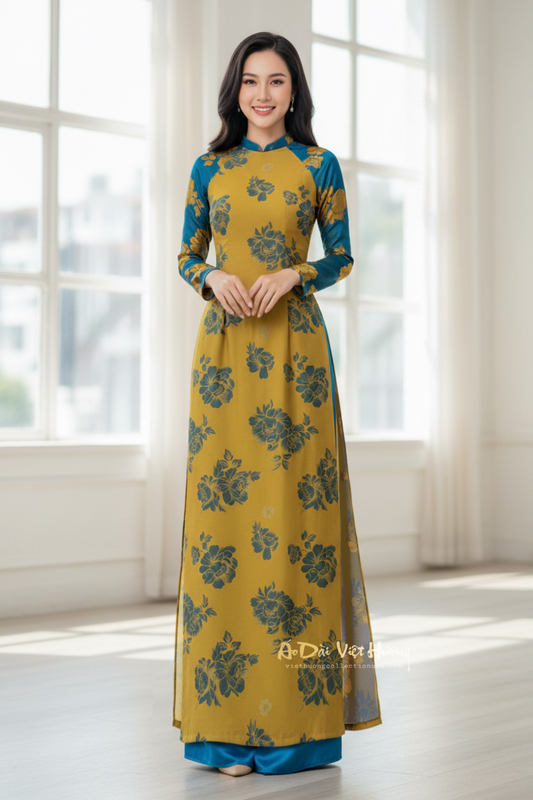 A28 - Áo Dài Lụa Tằm Pha Vàng/Xanh
