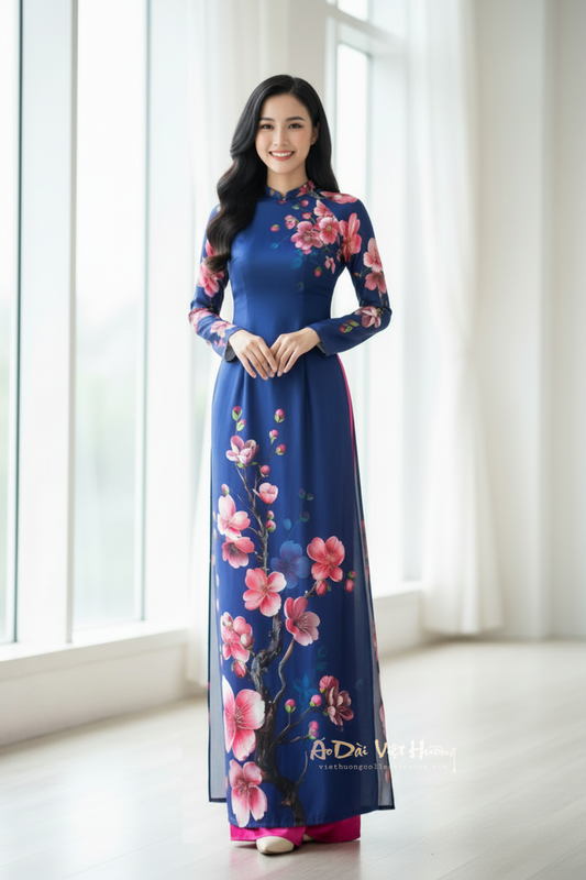 A30 - Áo Dài Lụa Ánh Sao In Xanh/Hồng