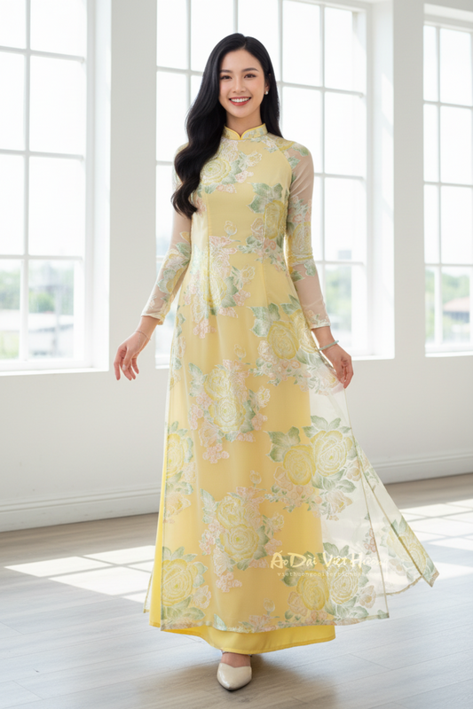 A25 - Áo Dài Đầm Tơ Hoa Vàng