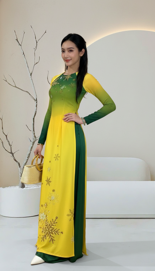 AD24 - Áo Dài Voan Chiffon In 4 Tà Ombre Vàng/Xanh