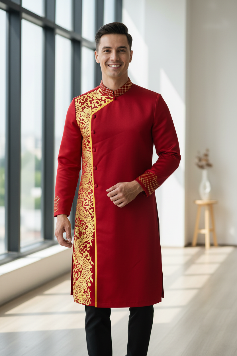 A98 - Men’s Áo Dài Vẽ Tay Đỏ Đô