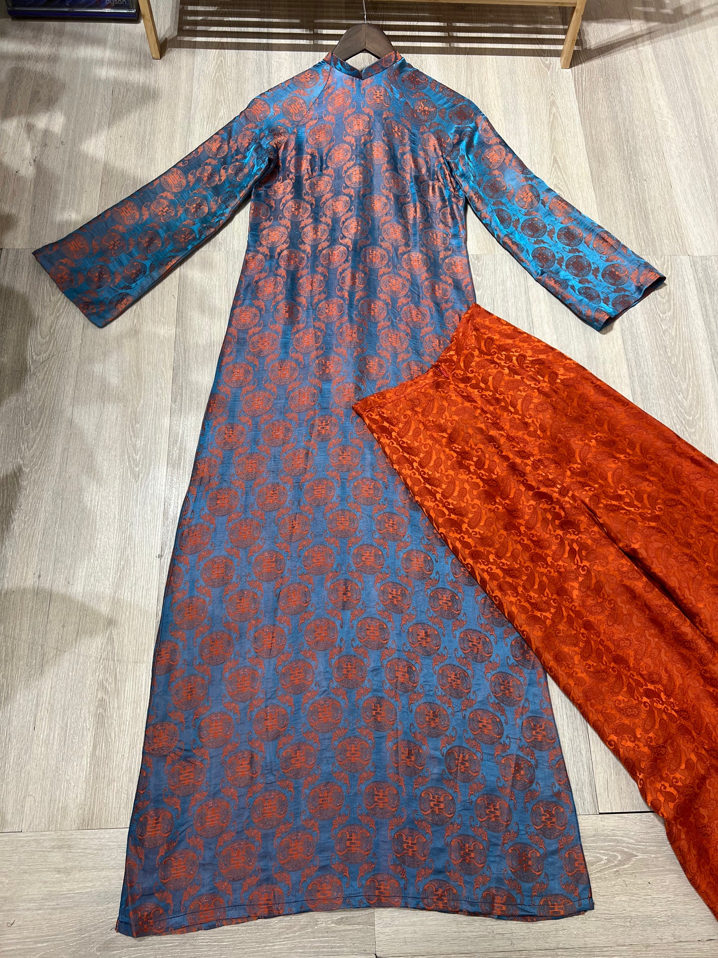 A06 - Set Áo Dài Yếm Tơ Tằm Nha Xá Blue Teal/Orange | Kèm Quần