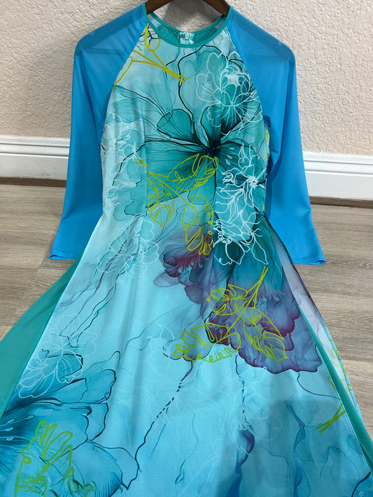 A63 - Áo Dài Chiffon 4 Tà Turquoise Blue