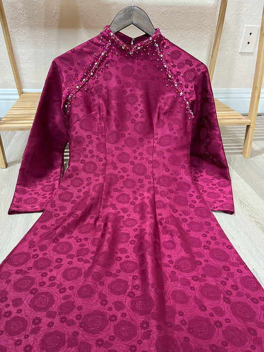 A34 - Áo Dài Lụa Ánh Kim Thái Tuấn Tím Hồng (Cổ 2cm)