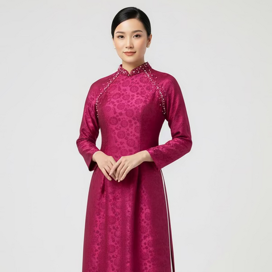 A34 - Áo Dài Lụa Ánh Kim Thái Tuấn Tím Hồng (Cổ 2cm)