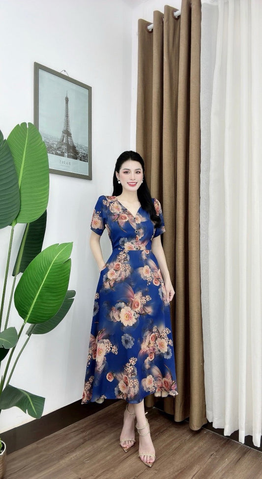 D18 - Long Dress Dark Blue Phối Hoa