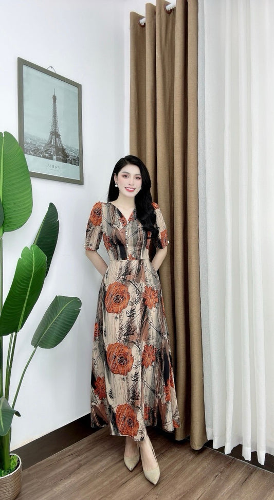 D13 - Long Dress Hoạ Tiết Hoa Cam