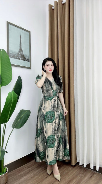 D16 - Long Dress Hoạ Tiết Hoa Xanh Lá