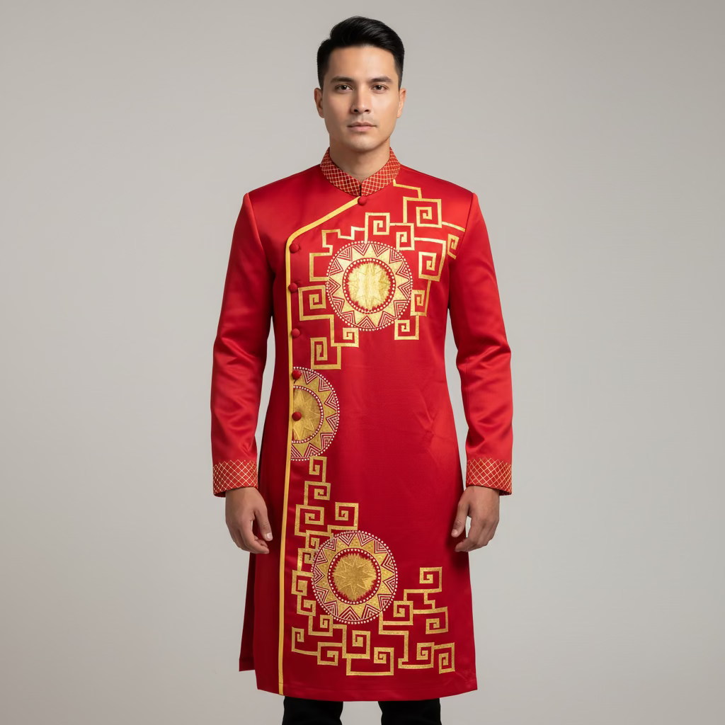 A99 - Men’s Áo Dài Vẽ Tay Đỏ