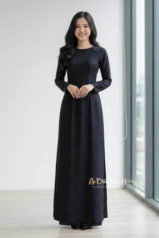 A46 - Set Áo Dài lụa Tiêu Giao Đen (Cổ Tròn) | Kèm Quần