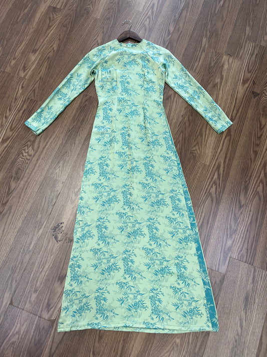 A16 - Áo Dài Lụa Gấm Lá Trúc Turquoise (Cổ tròn)