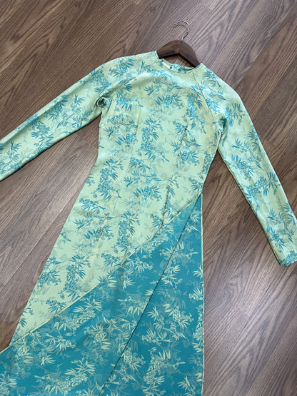 A16 - Áo Dài Lụa Gấm Lá Trúc Turquoise (Cổ tròn)