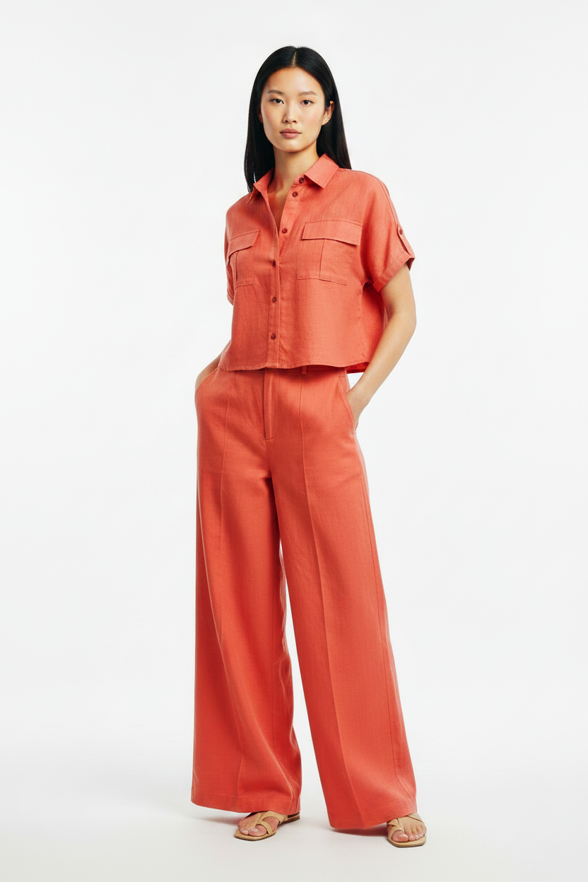 L103->107 - Short-Sleeve Shirt & Wide-Leg Pants Set | Linen Blend