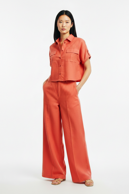L103->107 - Short-Sleeve Shirt & Wide-Leg Pants Set | Linen Blend
