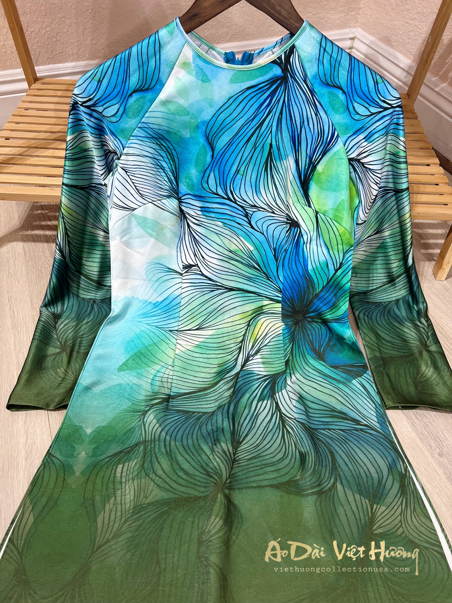 A54 - Áo Dài Lụa Tiêu Giao In Blue/Green | Áo Only