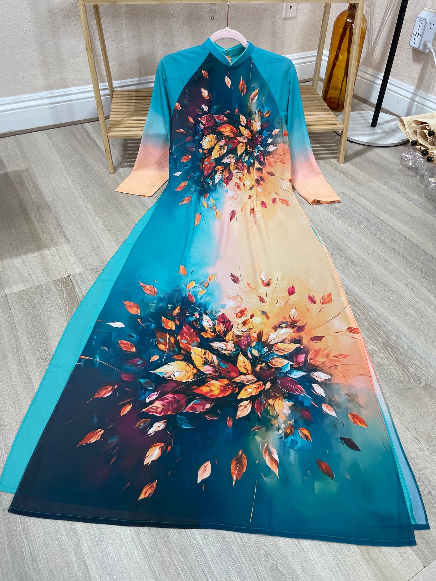 A27 - Áo Dài Chiffon 4 Tà Xanh phối Cam