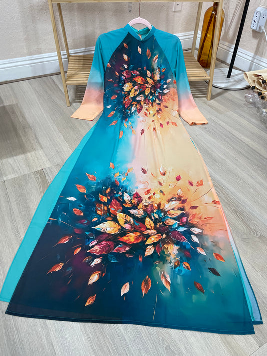 A27 - Áo Dài Chiffon 4 Tà Xanh phối Cam