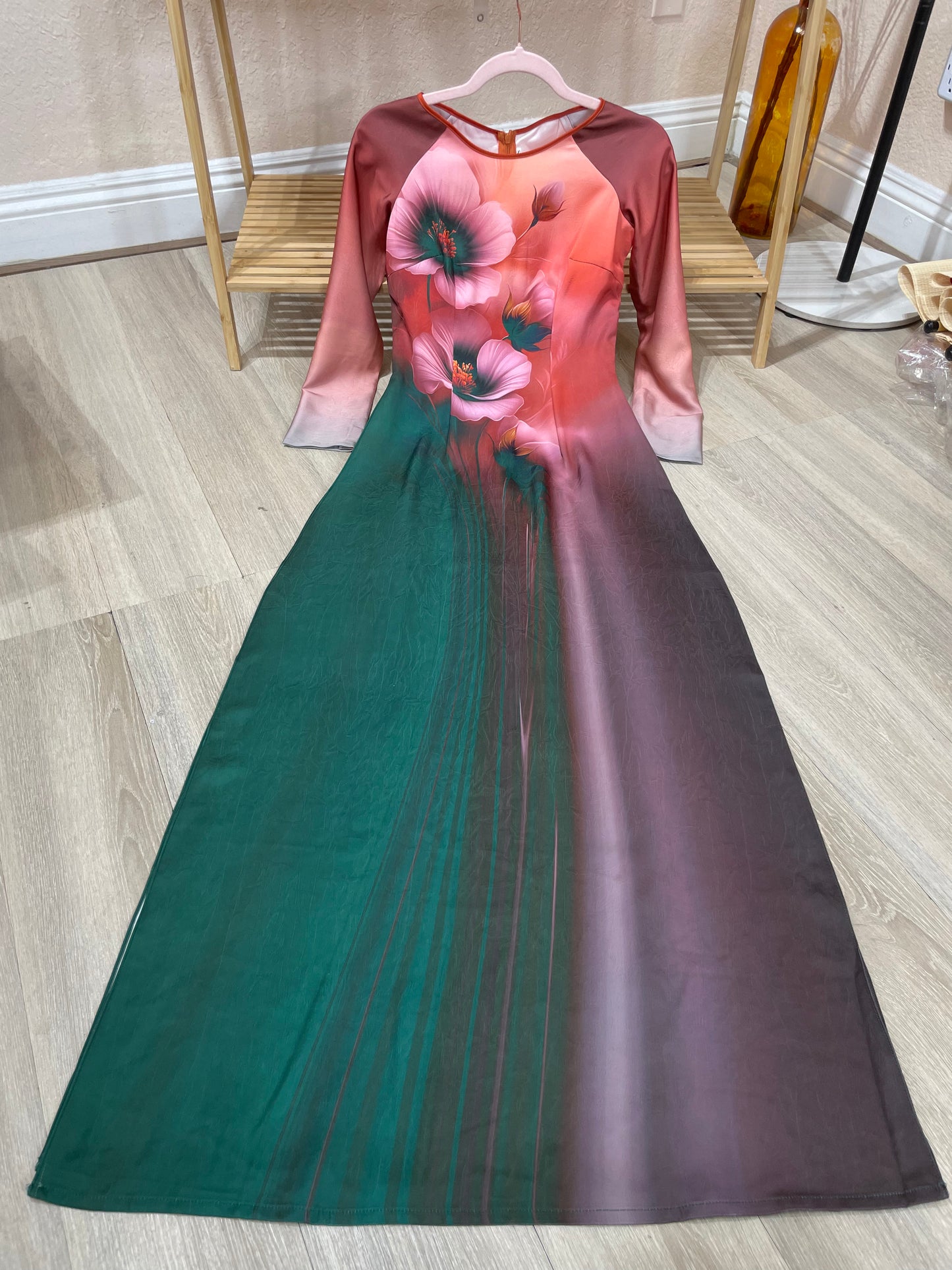 A17 - Áo Dài Lụa Tiêu Giao Xanh/Hồng