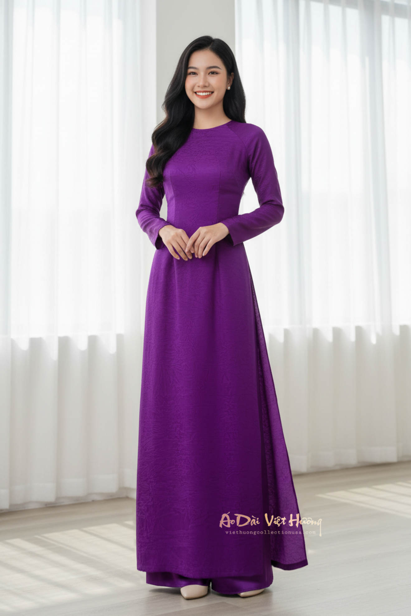 A42 - Set Áo Dài lụa Tiêu Giao Tím (Cổ Tròn) | Kèm Quần