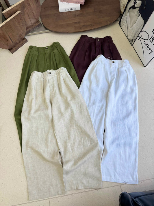 L67->69 - Double Pleated Wide-Leg Linen Trousers | Premium Heavyweight Linen