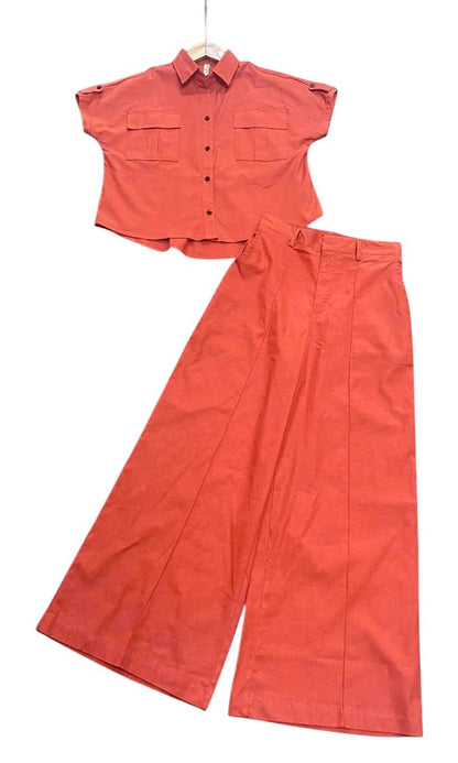 L103->107 - Short-Sleeve Shirt & Wide-Leg Pants Set | Linen Blend