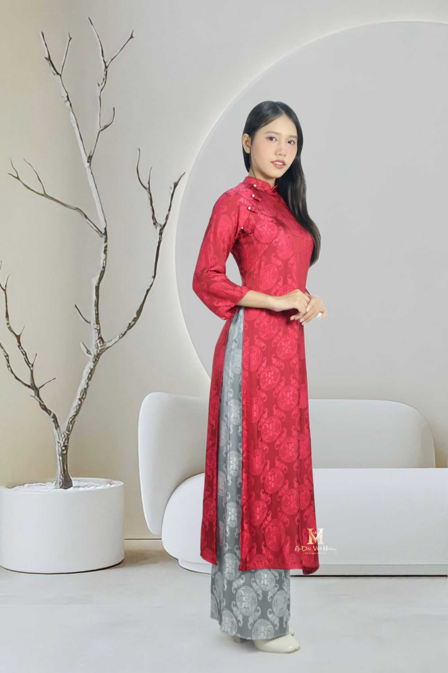 A17 - Set Áo Dài Gấm Thọ Dơi Red/Silver (Kèm Quần Gấm)