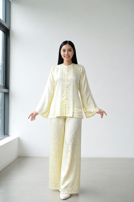 B6 - Set Áo Bà Ba Gấm Light Yellow | Kèm Quần