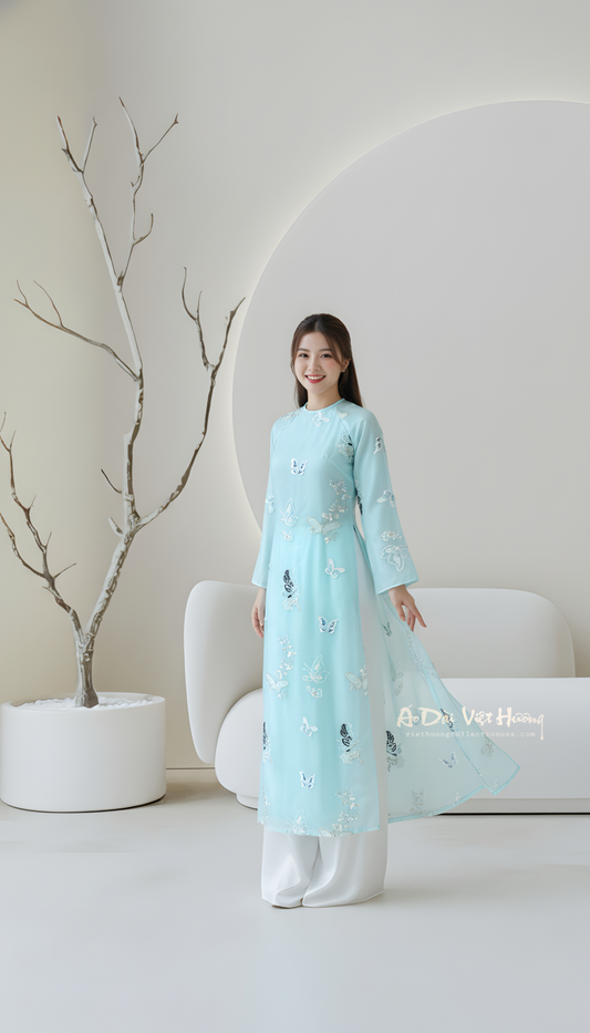 A53 - Áo Dài Cách Tân Suông Tơ Thêu Hồ Điệp Blue Sky (Cổ Tròn)
