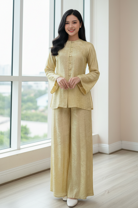 B8 - Set Áo Bà Ba Tencel Vàng Trà | Pants Included