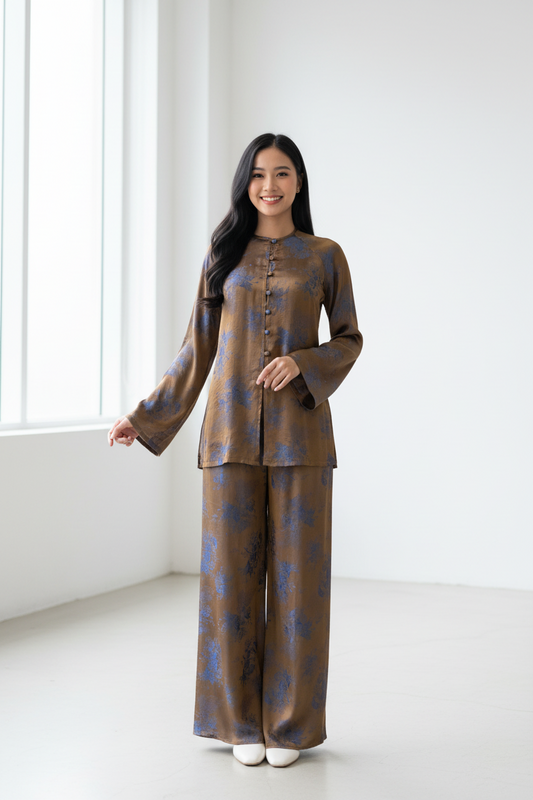 B48 - Set Áo Bà Ba Gấm Nâu ánh xanh | Pants Included