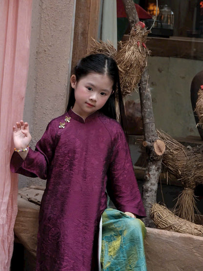 G3 - Set Áo Dài Bé Gái Tơ Tencel 4 Tà Tím Đỏ/Kem (kèm quần)