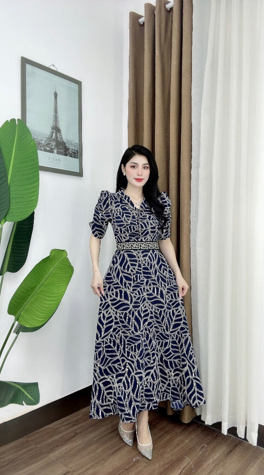 D83 - Navy Blue Cổ Vest Long Dress