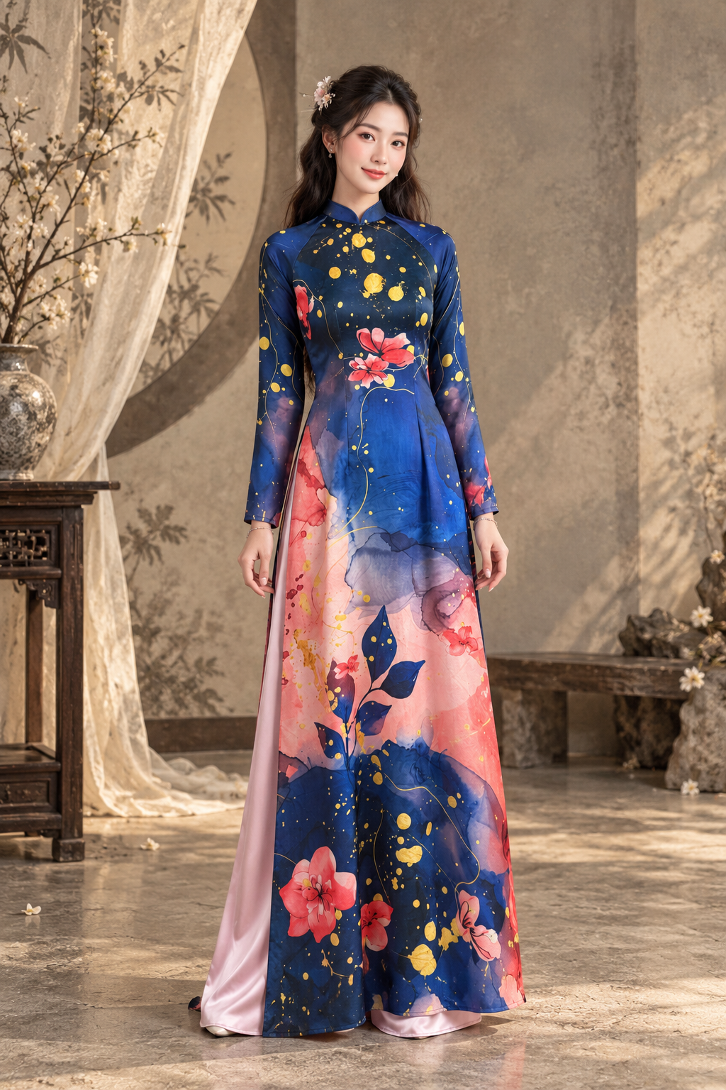 A43 - Áo Dài Lụa Tiêu Giao Xanh phối Hồng | Áo Only