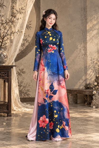 A43 - Áo Dài Lụa Tiêu Giao Xanh phối Hồng | Áo Only