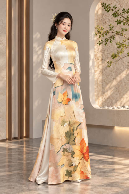 A20 - Áo Dài Lụa Tiêu Giao hoạ tiết lá | Áo Only