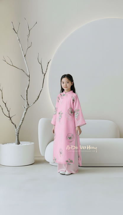 G2 - Girl’s Áo Dài Tơ Thêu Cá Koi 4 Tà Pink (Áo only)