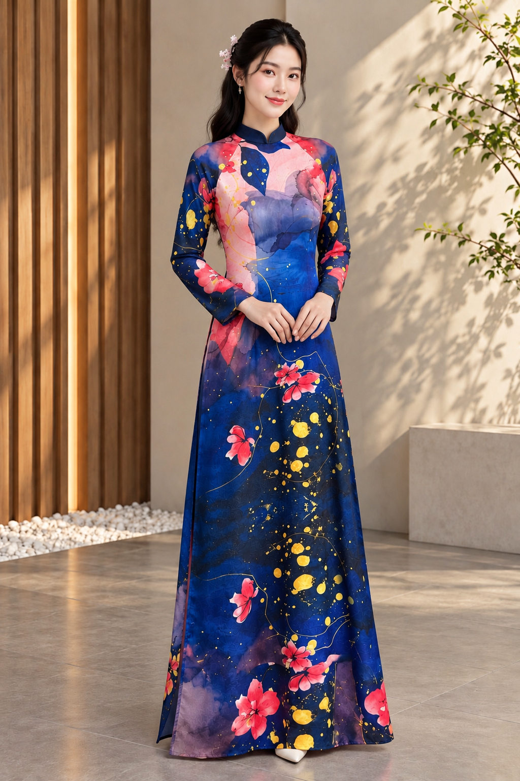 A52 - Áo Dài Lụa Tiêu Giao Xanh phối Hồng | Áo Only