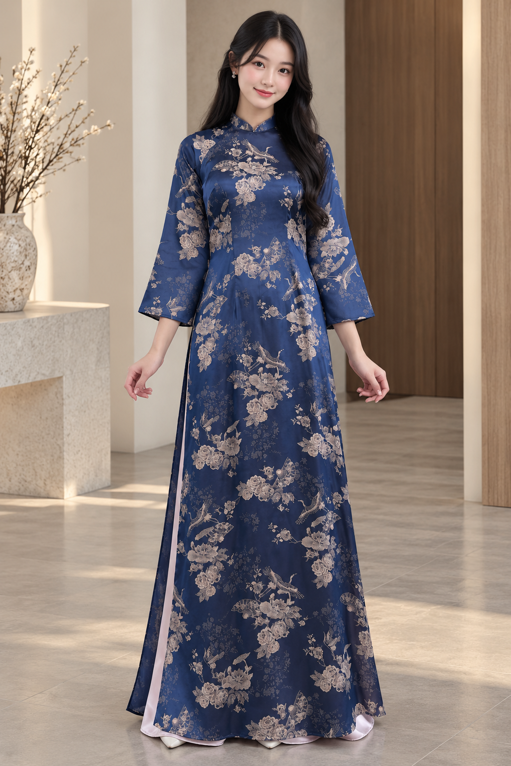 A12 - Áo Dài lụa Gấm Xanh Hồng Hạc | Áo Only