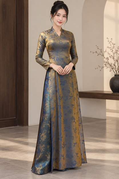 A50 - Set Áo Dài Tơ Song Kim Navy Blue/Brown | Kèm quần