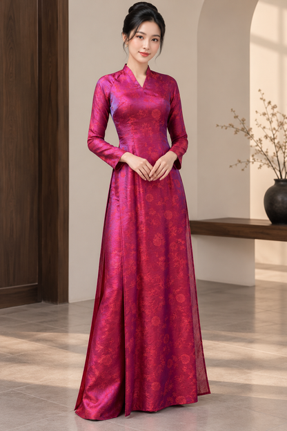 AD55 - Set Áo Dài Tơ Song Kim Red/Purple | Kèm quần